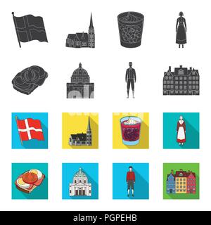 Le Danemark, l'histoire, d'un restaurant et d'autre icône de black,flet style., Sandwich, pain, icônes de collection set Illustration de Vecteur