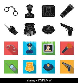 Radio, agent de police insigne, les uniformes, pistolet.Police set collection icônes de black,flet vecteur illustration stock style symbole . Illustration de Vecteur