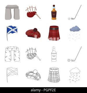 Drapeau, kilt, temps pluvieux, cap.Ecosse pays inscrit dans icônes collection cartoon,style Contour Symbole vecteur illustration de stock . Illustration de Vecteur