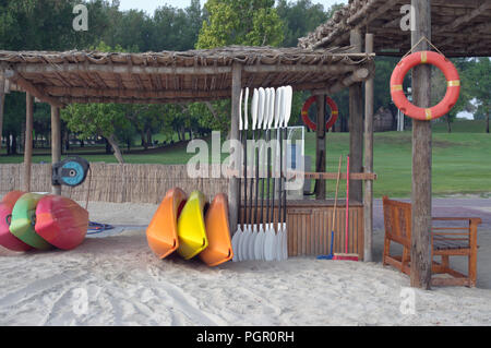 Les kayaks en plastique produits en masse de différentes couleurs sont loués sur la plage de sable de la mer. Matin sur Dubai lieu Banque D'Images