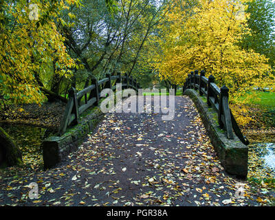 Un pont de pierre avec des rails en bois est recouvert de mousse verte au-dessus d'une rivière dans un parc entouré d'arbres d'automne avec des feuilles jaunes et de feuilles mortes o Banque D'Images