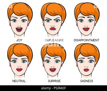 Fille avec six différents font face à des expressions. Vector Illustration. Illustration de Vecteur