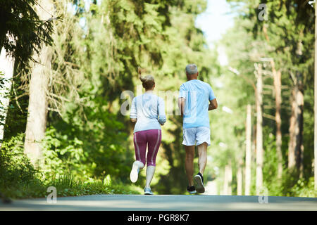 Vue arrière de l'âgés de conjoints dans activewear fonctionnant en bas de la route entre les arbres du parc sur sunny day Banque D'Images