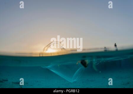 Split shot d'une tasse en plastique flottant à la surface de l'océan au coucher du soleil Banque D'Images