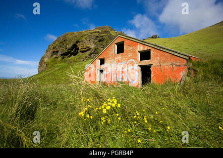 Un vieux hangar d'agnelage ou grange sur une colline dans le sud-ouest de l'Islande près de Vik et Dyrholaey réserver. Banque D'Images