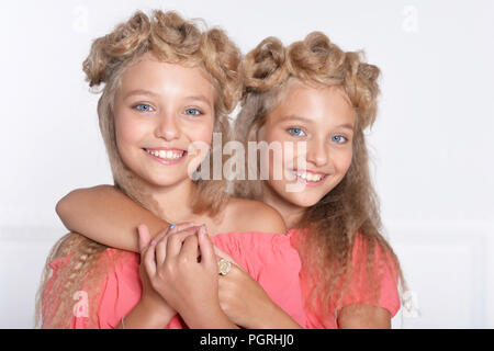 Deux adorables jumelles dans de belles robes rose Banque D'Images