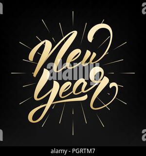Nouvelle Année. Bonne année 2019 la main d'or label lettrage. Hand drawn logo pour carte de Nouvel An, affiche, design etc. Illustration de Vecteur