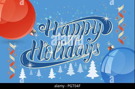 Happy Holidays part lettrage en éléments décoratifs sur fond bleu Illustration de Vecteur