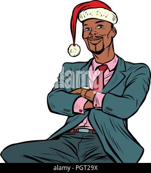 Pop art African businessman in a Christmas hat Illustration de Vecteur