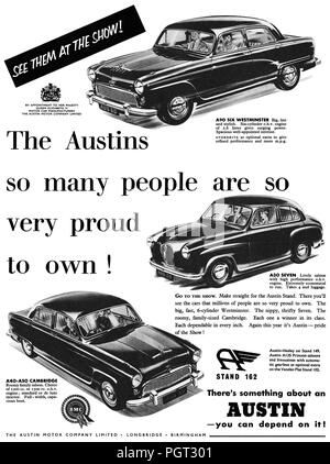 1955 La publicité pour Austin motor cars. Banque D'Images