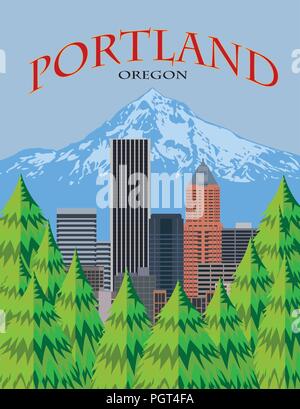 Portland Oregon city centre-ville avec le Mont Hood de belvédère poster couleur illustration Illustration de Vecteur