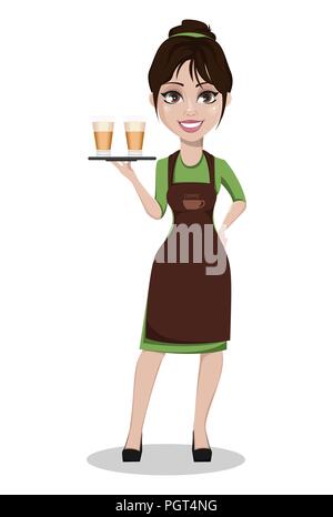 Belle jeune femme en uniforme de barista professionnel. Cute cartoon character holding tray with deux verres de café cappuccino. Vector illustration Illustration de Vecteur