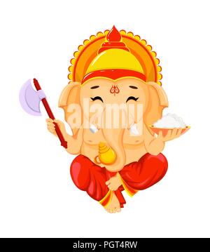 Happy Ganesh Chaturthi, festival traditionnel indien. Assis Seigneur Ganesha, cartoon style. Vector illustration sur fond blanc. Illustration de Vecteur
