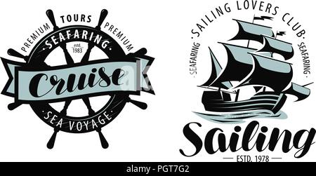 Croisière voile, logo ou label. Thèmes marins. Vector Illustration de Vecteur