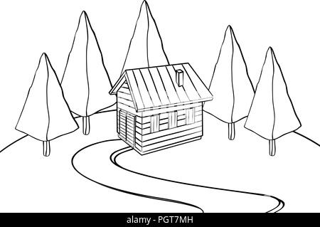 Chalet dans les bois part croquis en noir et blanc Illustration de Vecteur