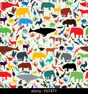 La vie sauvage des silhouettes animales seamless pattern design style rétro en couleurs Illustration de Vecteur