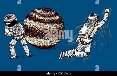 La flambée de l'astronaute ou voler sur fusée. Spaceman tire sur la planète Jupiter. espace galaxy astronomiques. cosmonaut explorer aventure. gravés à la main dans de vieux croquis. planètes de système solaire. Illustration de Vecteur