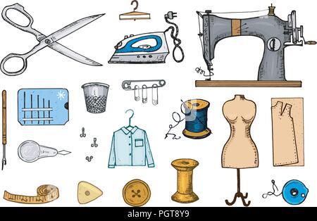 Ensemble d'outils de couture et des matériaux ou des éléments de l'aiguille. L'équipement à la main. Atelier de couture pour les étiquettes, badgess. fil et aiguille, mannequin. gravés à la main dans de vieux croquis réalistes vintage. Illustration de Vecteur