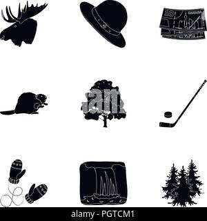 Attributs,Animaux,ours,beaver,Black,bâtiment,bouteille,Canada,collection,ville,pays,Culture,sur,Virginie,design,dollar,elk,fonctionnalités,sapin,poignée gant, chapeau,cornes,illustration,isolé,vue,log,erable,montagne,nature,nation nationalité,océan,puck,ranger,set,signer,ciel, neige, stick,pierre,sirop,symbole,territoire,les voyages,arbre,cascade,vecteur vecteurs vecteur sauvage , Illustration de Vecteur