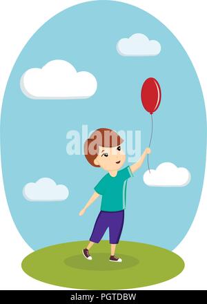 Un garçon joue avec un ballon dans la rue. L'image, vecteur, illustration, modèle. Illustration de Vecteur