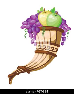 Klaxon potable avec des raisins et des pommes. Rhyton antique. La culture grecque ou romaine. Couleur marron et motifs. Télévision vector illustration isolé sur bac blanc Illustration de Vecteur