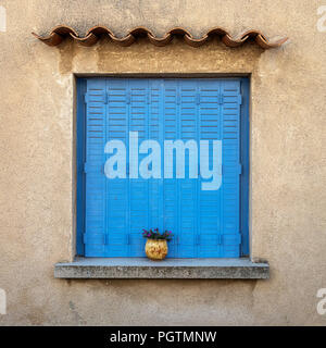 Fenêtre avec volets en bois bleu et pot de fleur dans un bâtiment sur l'Avenue de la résistance, Sault, Provence, France Banque D'Images