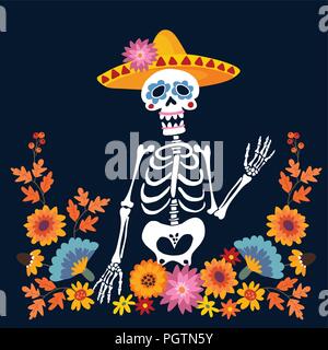 Dia de Los Muertos carte de vœux, invitation. Le Jour des Morts au Mexique. Squelette avec chapeau sombrero et floral frame. Crâne d'ornement. Hand drawn vector illustration, arrière-plan. Illustration de Vecteur