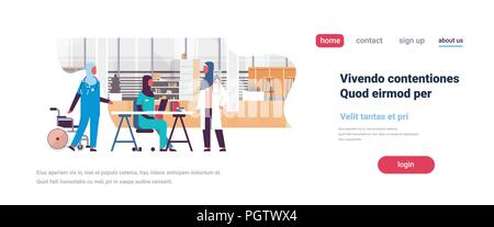 Femme arabe groupe communication hôpital stéthoscope médecins arabe diversifié des travailleurs de la télévision toute la longueur de l'espace de bannière horizontale de copie Illustration de Vecteur