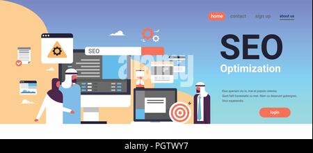 Seo l'optimisation des moteurs de recherche homme femme couple arabe recherche internet surveillance processus concept plate horizontale banner copy space Illustration de Vecteur