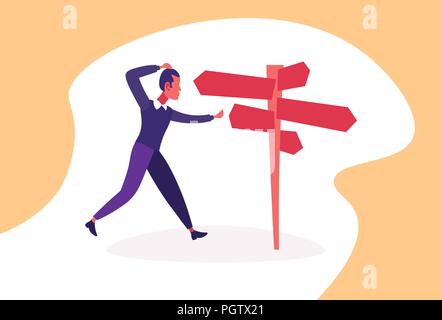 Confus businessman standing road sign choisissez orientation d'affaires façon pancarte horizontale flèche personnage de télévision Illustration de Vecteur