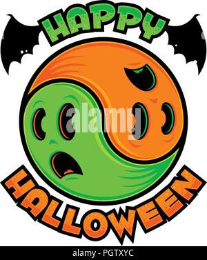 Symbole Yin-Yang fait à partir de deux fantômes peur spooky en vert et orange avec Happy Halloween text. Illustration de Vecteur