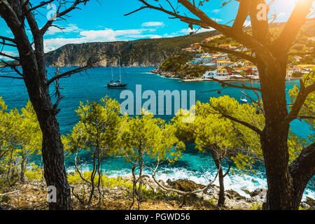 Magnifique baie avec de l'eau de mer pittoresque entouré de pins. Village d'Assos Mer Méditerranée, en Grèce. Les vacances d'été sur l'île grecque Banque D'Images