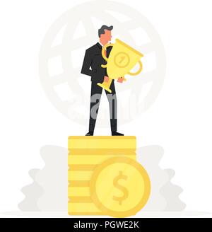 Jeune homme d'affaires réussie et se tenir sur les pièces de monnaie et l'or holding trophy. Succès, champion, victoire, l'argent. Vector illustration de démarrage d'entreprise. Illustration de Vecteur