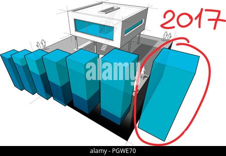 Schéma d'une maison moderne avec l'augmentation des affaires et schéma abstrait note dessinés à la main, plus de 2017 bar dernier diagramme Illustration de Vecteur