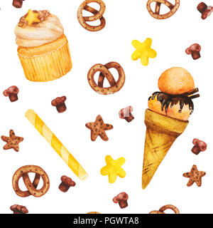 Aquarelle cupcake, des bonbons et des glaces, modèle sans couture fairy cake isolé sur un fond blanc. Délicieux sucré illustration boulangerie dessiné à la main Banque D'Images