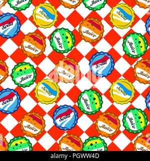 Des capsules de bouteille de soda retro Seamless vector pattern sur rouge et blanc checkered background. Illustration de Vecteur