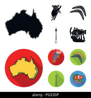 Koala sur le bambou, le boomerang, la tour de Sydney, le poisson clown et l'Australie en passe d'ammonium.icônes collection en noir, style plat symbole vecteur illustration stock Illustration de Vecteur