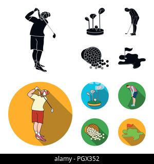 Support pour un club de golf, muzhchin jouant avec un club, panier avec des balles, l'étiquette avec un drapeau sur le terrain de golf. Club de Golf réglé icônes collection en noir, Illustration de Vecteur