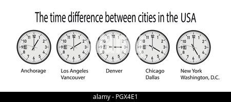 Horloge murale de l'heure dans différentes villes des Etats-Unis Illustration de Vecteur