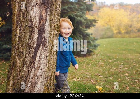 Portrait of cute adorable petit red-haired smiling Caucasian boy enfant jouant dans le parc automne chute à l'extérieur dans le parc Banque D'Images