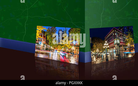 Près du mur de marbre est une photo panoramique d'une nuit dans la rue dans la partie ancienne de la grande ville avec l'éclairage des vitrines de magasins et boutiques, les aveugles Banque D'Images