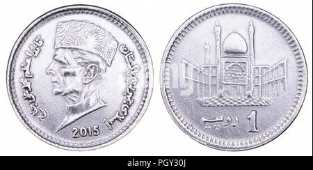 Pakistan 1 Roupie coin (2015) montrant la tête de Muhammad Ali Jinnah (1876-1948) fondateur du Pakistan (avers) et Hazrat Lal Shahbaz Qalandar Mausole Banque D'Images