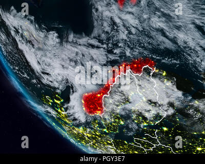 La Norvège la nuit à partir de l'espace visible avec frontières du pays. 3D illustration. Éléments de cette image fournie par la NASA. Banque D'Images