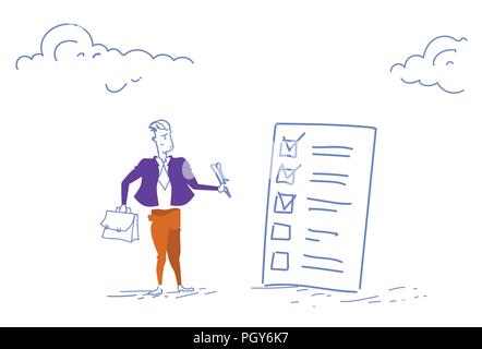 Confus businessman holding pen à vérifier liste question mark pense que problème solution doodle croquis horizontale Illustration de Vecteur