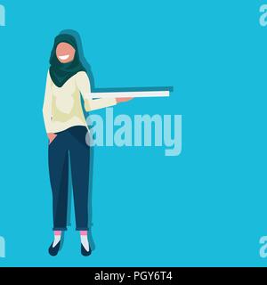 Arab woman holding boîte à pizza fast food concept arabe femme personnage télévision fond bleu pleine longueur Illustration de Vecteur