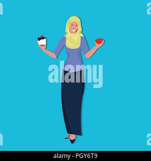 L'arabe woman holding apple gâteau de résister à la tentation de faire les bons choix alimentaires de régime de perte de poids concept dilemme arabe de personnage de télévision pleine longueur Illustration de Vecteur