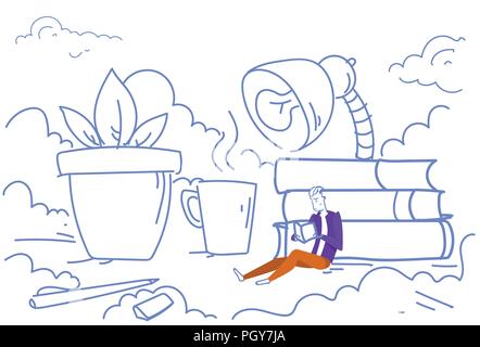 Business man sitting travail de bureau bureau reading book la réussite de l'apprentissage de l'étude de l'éducation étudiant concept horizontal processus doodle croquis Illustration de Vecteur