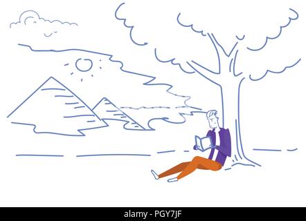 Business Man reading book la réussite de l'apprentissage de l'étude de l'éducation étudiant concept paysage processus horizontal fond doodle croquis Illustration de Vecteur