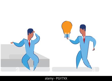 Remue-méninges d'affaires tenue lumière lampe concept innovation deux hommes d'affaires employé patron projet créatif horizontal de démarrage Illustration de Vecteur