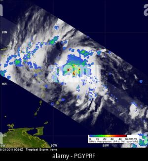 La tempête tropicale Irene révélé par le Tropical Rainfall Measuring Mission (TRMM) chaînes, 22 août 2011. Image Courtesy NASA / SSAI, Hal Pierce. () Banque D'Images